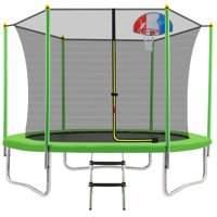 10FT Trampoline for Kids with Safety Enclosure Net, Basketball Hoop and Ladder, Easy Assembly Round Outdoor Recreational Trampoline