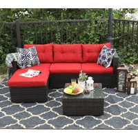 MF Studio 3 Piece Outdoor Rattan Sectional Sofa- Small Patio Wicker Furniture Set (Red)