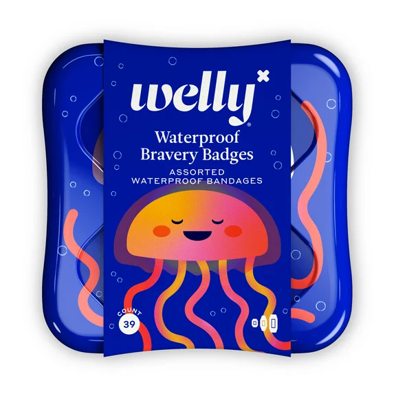 Welly Assorted Waterproof Bandages, Jellyfish Bravery Badges for Kids and Adults, 39 Count