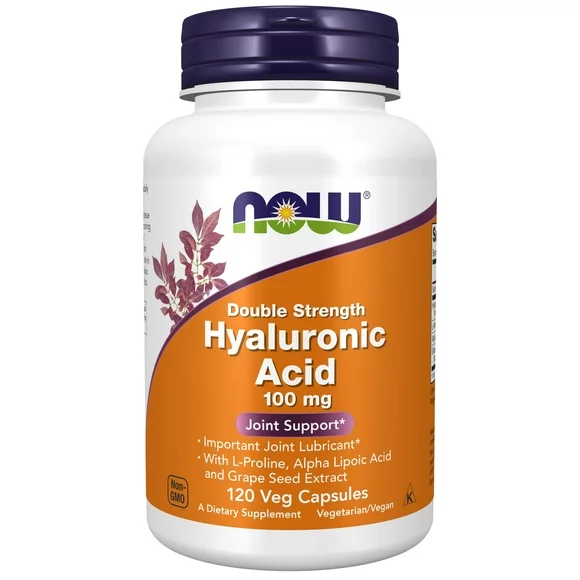 NOW Supplements, Hyaluronic Acid 100 mg, Double Strength with L-Proline, Alpha Lipoic Acid and Grape Seed Extract, 120 Veg Capsules