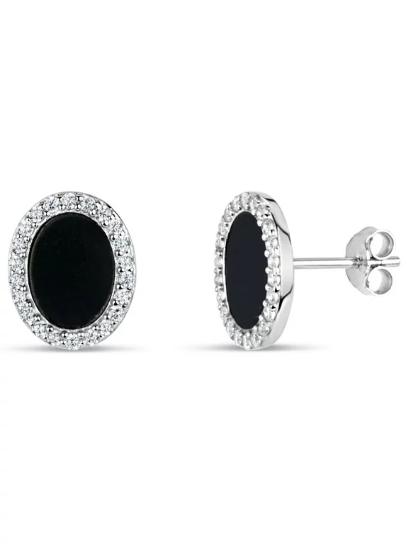 Black Onyx and White Cubic Zirconia Sterling Silver Rhodium Plated Oval Stud Earrings