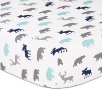Woodland Trail Animal Silhouette Moose Bear Buffalo Fitted Crib Bed Sheet - Navy, Teal, Grey, White