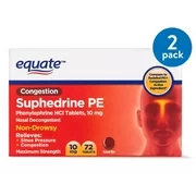 (2 Pack) Equate Congestion Suphedrine PE Nasal Decongestant Tablets, 10 mg, 72 Ct