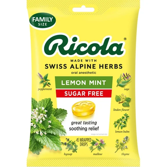 Ricola Sugar Free Lemon Mint Throat Drops, Refreshing Throat Relief - 45 Ct