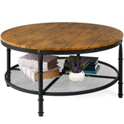 Best Choice Products 2-Tier Round Coffee Table, Rustic Steel Accent Table w/ Wooden Tabletop, Padded Feet, Open Shelf