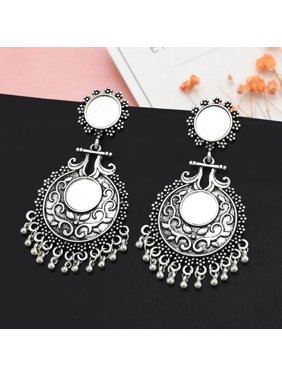 Classy SILVER Glass Work Long Drop Dangle Garba Style Indian Jhumka Fashion Jewelry Earrings