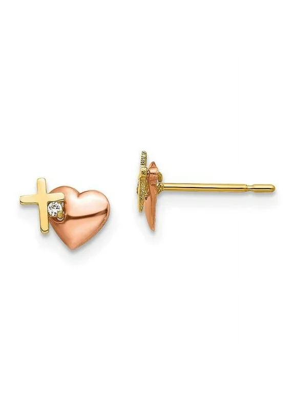 14k Yellow & Rose Gold Cubic Zirconia Heart and Cross Post Earrings
