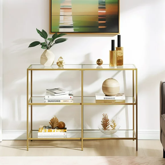 Ktaxon 39.4in Console Table with 3-Tier Shelves, Gold Tempered Glass Sofa Table, Modern Entryway Living Room Table Accent Table for Hallway Bedroom