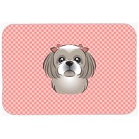 Checkerboard Pink Gray Silver Shih Tzu Mouse Pad, Hot Pad Or Trivet, 7.75 x 9.25 In.