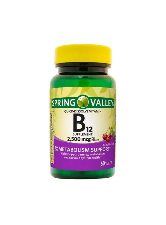 Spring Valley Vitamin B12 Quick-Dissolve Tablets Dietary Supplement, 2,500 mcg, Cherry Flavor, 60 Count