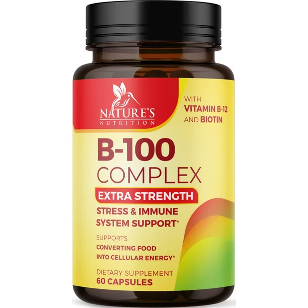 B Complex Super Vitamin B Supplement for Energy Support - B-Complex Vitamins for Immune Support - Vitamin B Complex with B12, B6, B9, & Folic Acid Plus Vitamin C - Vegan High Potency - 60 Capsules