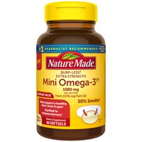 Nature Made BurpLess Extra Strength 1080 mg Mini Omega 3 Fish Oil for Healthy Heart, Brain, and Eye Support, 80 Softgels
