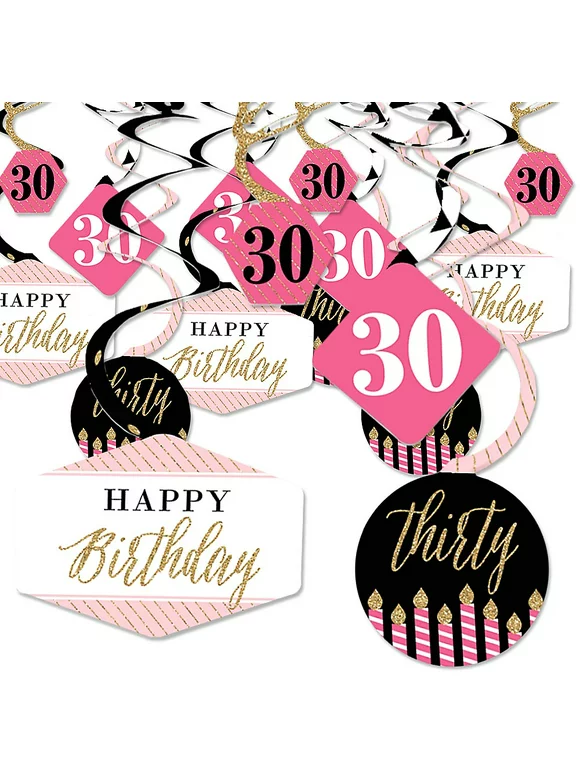 Big Dot of Happiness Chic 30th Birthday - Pink, Black and Gold - Birthday Party Hanging Decor - Party Decoration Swirls - Set of 40