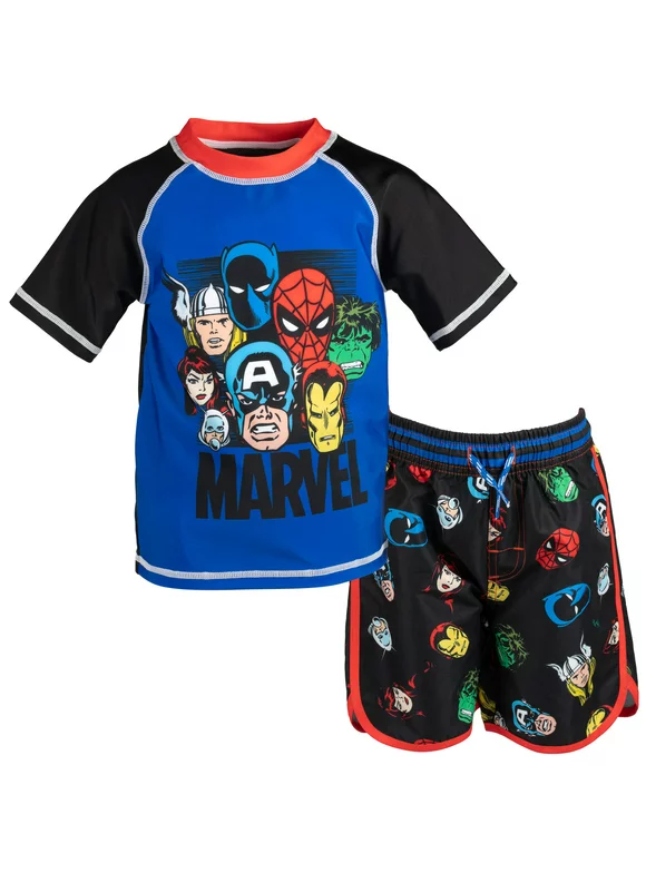 Marvel Avengers Captain America Spider-Man Black Widow Little Boys Rash Guard and Swim Trunks Outfit Set Blue / Black 5
