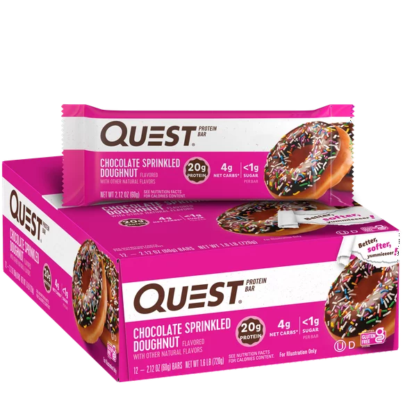 Quest Protein Bar, Low Carb, Gluten-Free, Chocolate Sprinkled Doughnut, 12 Count