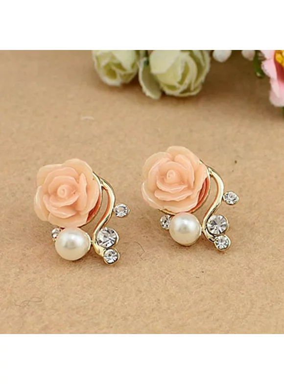 1 Pair Pearl Rose Flower Crystal Earrings Women OL Stud Earrings Girls Push-back Earrings