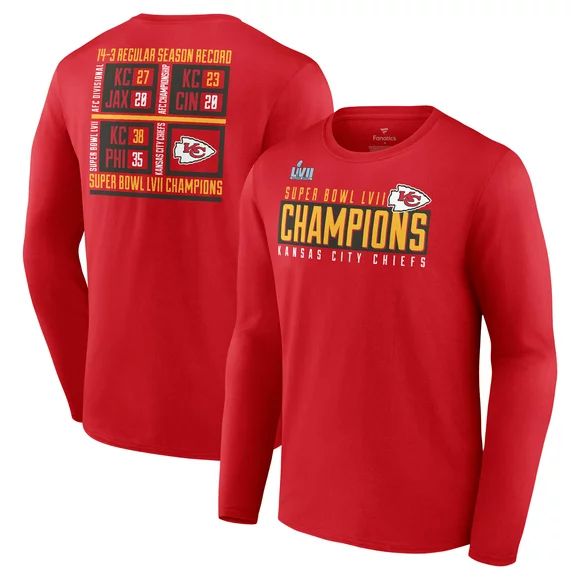 Men's Fanatics Branded Red Kansas City Chiefs Super Bowl LVII Champions Scoreboard Showcase Long Sleeve T-Shirt