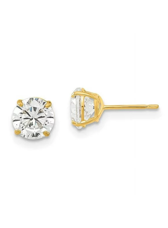 14k Solid Yellow Gold 6mm Round Cubic Zirconia Basket Set Stud Earrings
