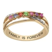 Family Jewelry Personalized Mother's Sterling Silver or Gold over Silver Birthstone with Clear Crystal Crossover Ring