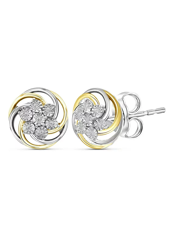 White Diamond Accent Two Tone Sterling Silver Stud Earrings