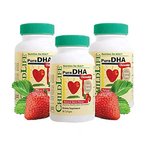 ChildLife Essentials Pure DHA Dietary Supplement - DHA for Kids, Supports Healthy Brain Growth & Function, All-Natural, Gluten-Free, Kids DHA Supplement - Natural Strawberry Flavor, 90 Count (3 Pack)