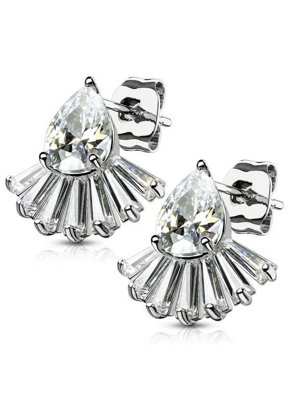 MoBody One Pair Tear Drop Cubic Zirconia with Baguette Cut CZ Fan Womens Earrings Surgical Steel Stud Earrings for Girls