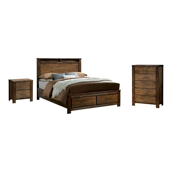 Nangetti Modern 4 Piece Wood Queen Bed with 2 Nightstand and Chest Set in Oak