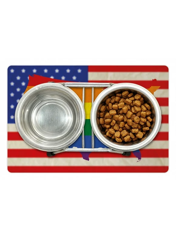 Pride Pet Mat for Food and Water, USA American Flag with Rainbow Gay Marriage Nationwide Rights and Equality Theme, Non-Slip Rubber Mat for Dogs and Cats, 18" X 12", by Ambesonne