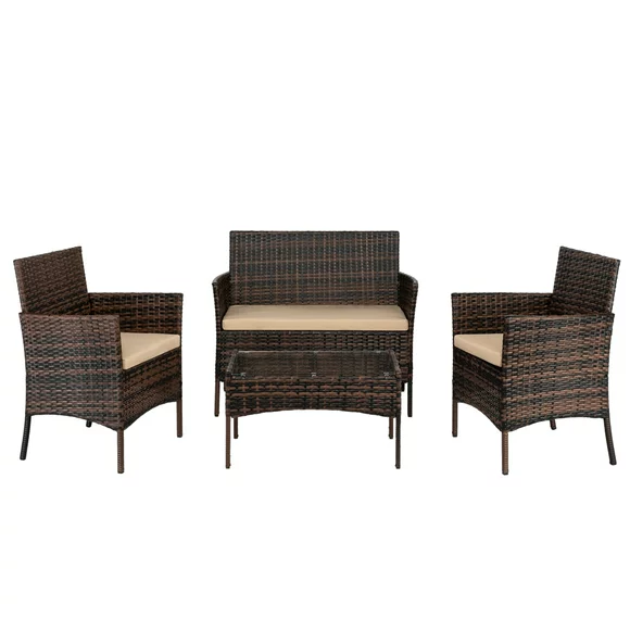 Ktaxon 4PCs Love Seat & Tempered Glass Coffee Table Rattan Sofa Set Brown Gradient