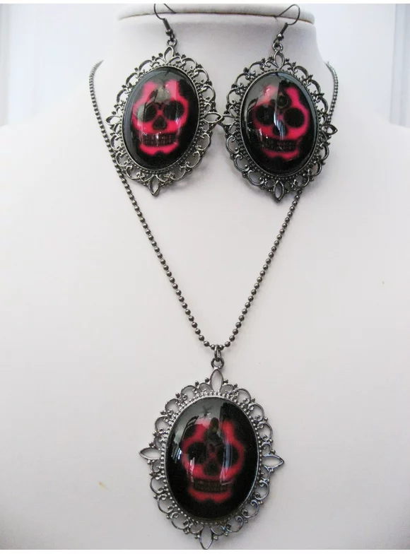 Day of the Dead Sugar Skull Costume Jewelry Set Chain Earring Ring Silver Pink