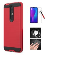 Coolpad Legacy Brisa Phone Case , Slim Metallic Brushed Shock Resistant Cover + Ring / Kickstand / Tempered Glass (Red)