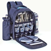 Picnic Backpack Kit - Set for 4 Person With Cooler Compartment, Detachable Bottle/Wine Holder, Fleece Blanket, Plates and Flatware Cutlery Set (Plaid Tartan - Blue)