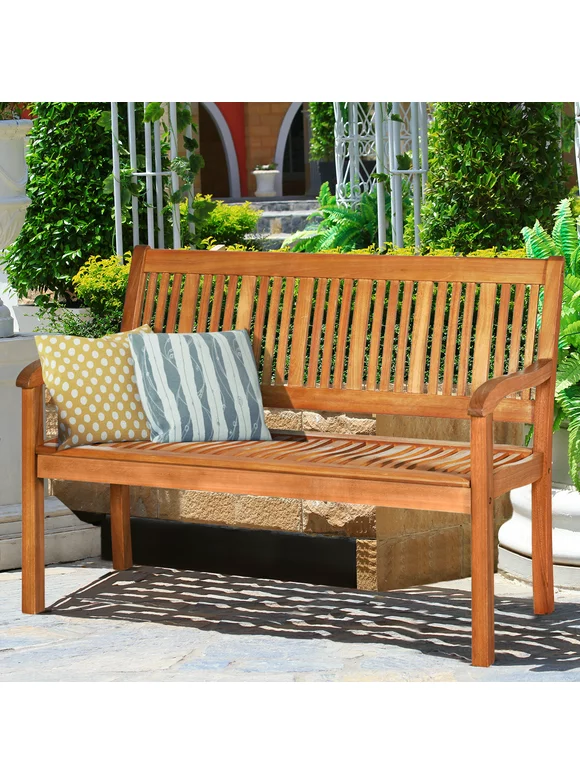 Costway 50'' Two Person Outdoor Garden Bench Loveseat Porch Chair Solid Wood W/Armrest