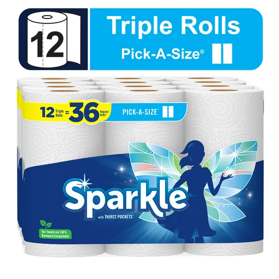 Sparkle Pick-A-Size Paper Towels, White, 12 Triple Rolls