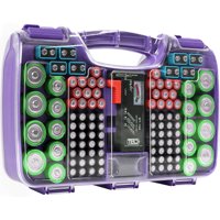 The Battery Organizer Storage Case with Hinged Clear Cover, Includes a Removable Battery Tester, Holds 180 Batteries Various Sizes Purple.