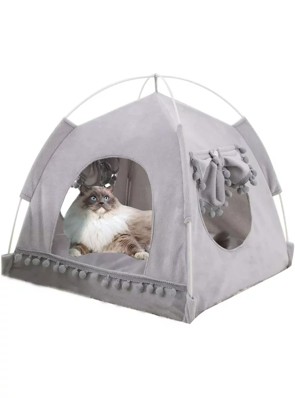 Cat Teepee Tent, Cat Beds for Indoor Cats, Small Cat Bed Cave, Folding Pet Teepee Tent for Cats, Cute Cat Bed Comfy Kitten Bed Puppy Bed, Cat House Bed with Removable Washable Cushion Pillow