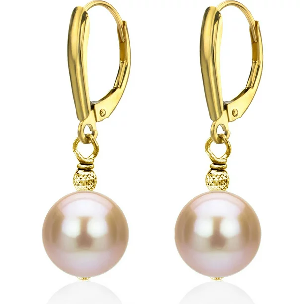 ADDURN 14Kt Yellow gold Pink Freshwater Pearl with Pyramid Beads/Shield Lever Back Earring