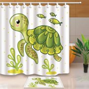 ARTJIA Ocean Animals Decor Vector Green Turtle and Fish for Kids Shower Curtain 66x72 inches with Floor Doormat Bath Rugs 15.7x23.6 inches