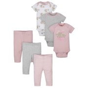 Wonder Nation Baby Girl Outfit Short Sleeve Bodysuits & Pants Shower Gift Set, 6-Piece