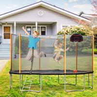 Outdoor Trampoline w/Safety Enclousred Net, BTMWAY 14 FT Outdoor Round Fitness Trampoline, Backyard Recreational Trampoline w/Ladder&Basketball Hoop, 260lb Weight Capacity, A2735