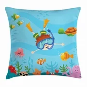 Kids Throw Pillow Cushion Cover, Cute Boy Diving and Exploring Subaquatic Happiness Seashell Summer Cartoon Characters, Decorative Square Accent Pillow Case, 20 X 20 Inches, Multicolor, by Ambesonne