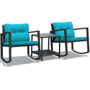3PCS Patio Chaise Chair Table Set Outdoor Rattan Furniture BlueCushion