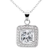 Ivy 18k White Gold Plated Princess Cut Halo Pendant Necklace - Silver Halo Necklace w/Solitaire Square Cut Cubic Zirconia Diamond- Wedding Anniversary Jewelry - MSRP - $150