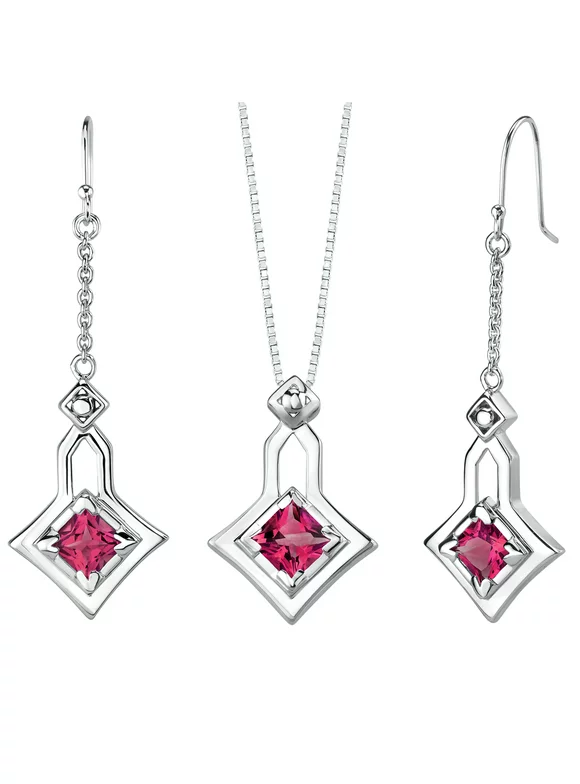 4.5 ct Princess Cut Created Ruby Earring Pendant Set in Sterling Silver