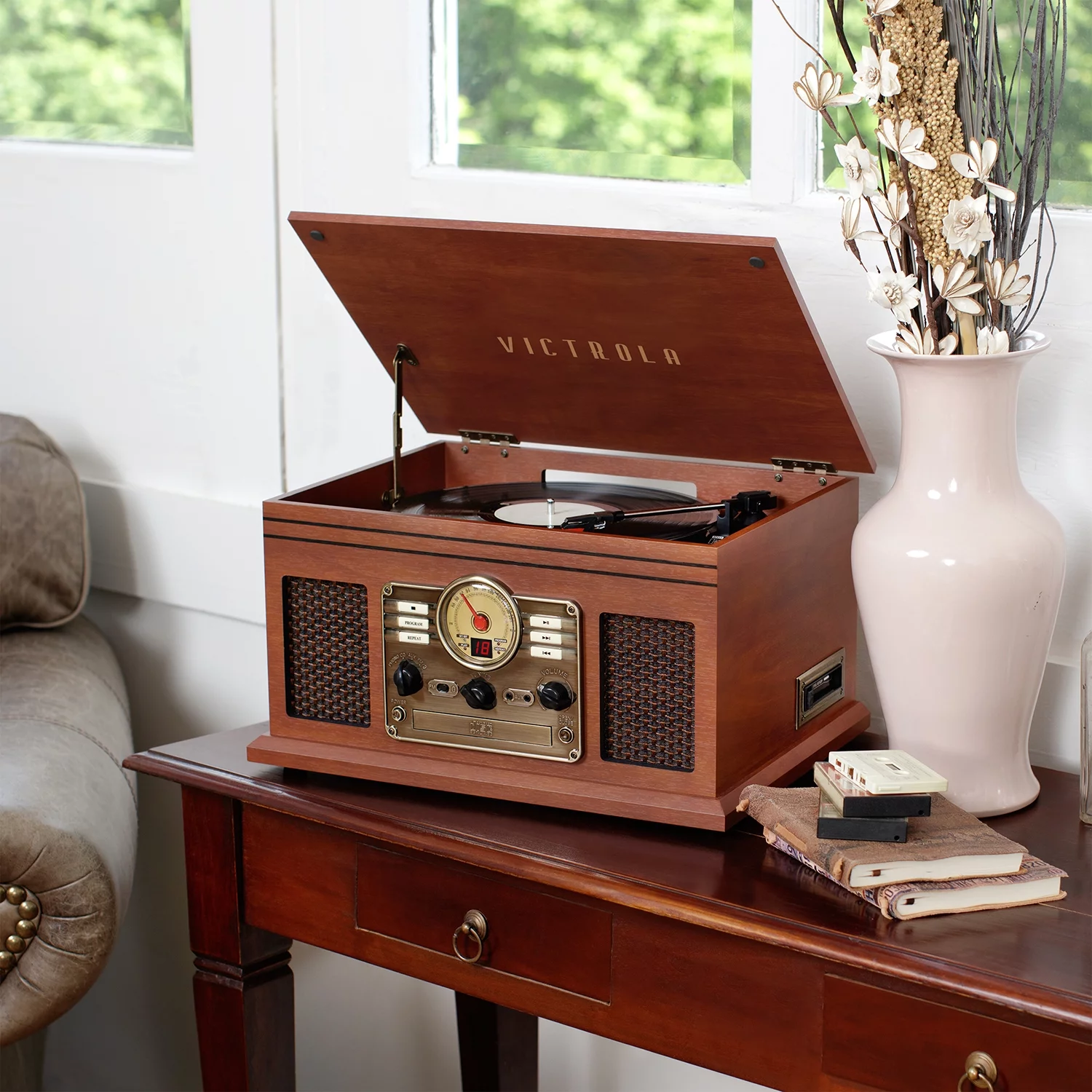 Victrola 6-in-1 Nostalgic Bluetooth Record Player with 3-Speed Turntable with CD and Cassette, Maghony