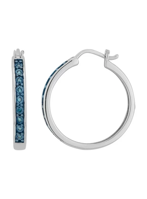 1/12 Carat (Ctw) Enhanced Blue Diamond Hoop Earrings  in Sterling Silver (1 Inch)