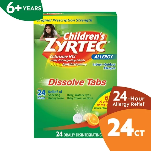 Children's Zyrtec 24 Hr Allergy Relief Dissolve Tablets, Citrus, 24Ct