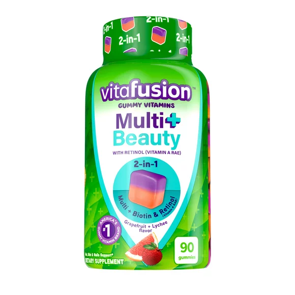 Vitafusion Multi+ Beauty  2-in-1 Benefits & Flavors  Adult Gummy Vitamins with Hair, Skin & Nails Support* (Biotin & Retinol (Vitamin A RAE)) and Daily Multivitamin, 90 Count