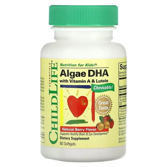 ChildLife Essentials Algae DHA with Vitamin A & Lutein, Natural Berry, 60 Softgels