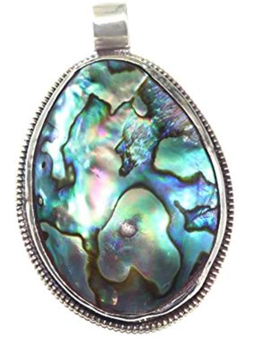 Spyglass Designs Mother of Pearl Abalone Shell Necklace Pendant Oval Peacock Blue Silvertone Bezel Large 3 Inch